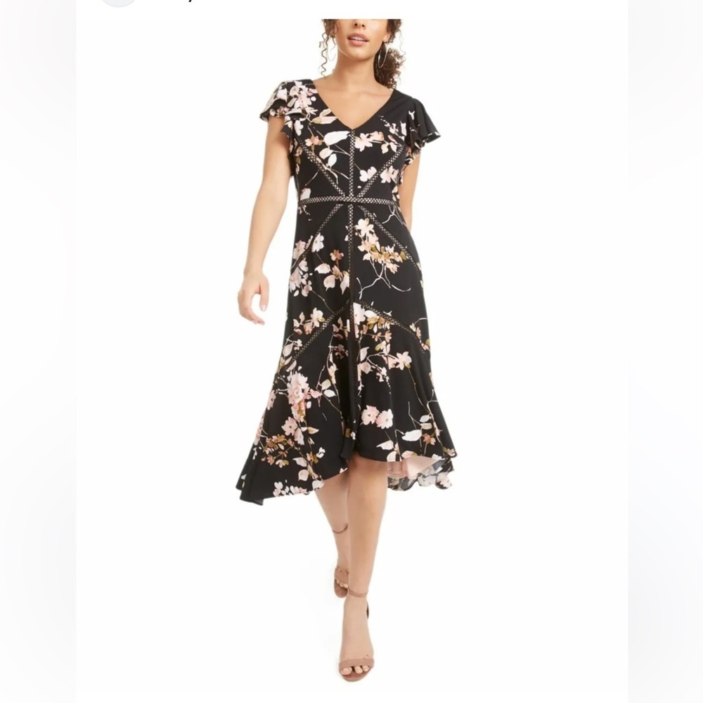 Taylor black and pink midi floral flutter sleeve high low dress size 6 new